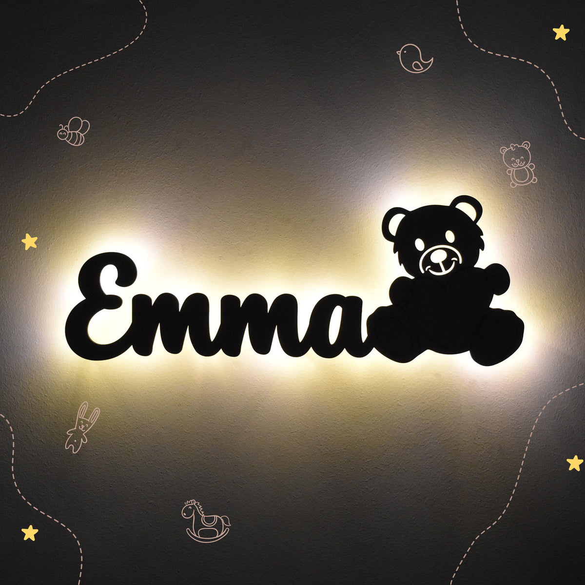 Personalisierte Nachtlicht Schriftzug mit Teddybär 60 oder 70 cm
