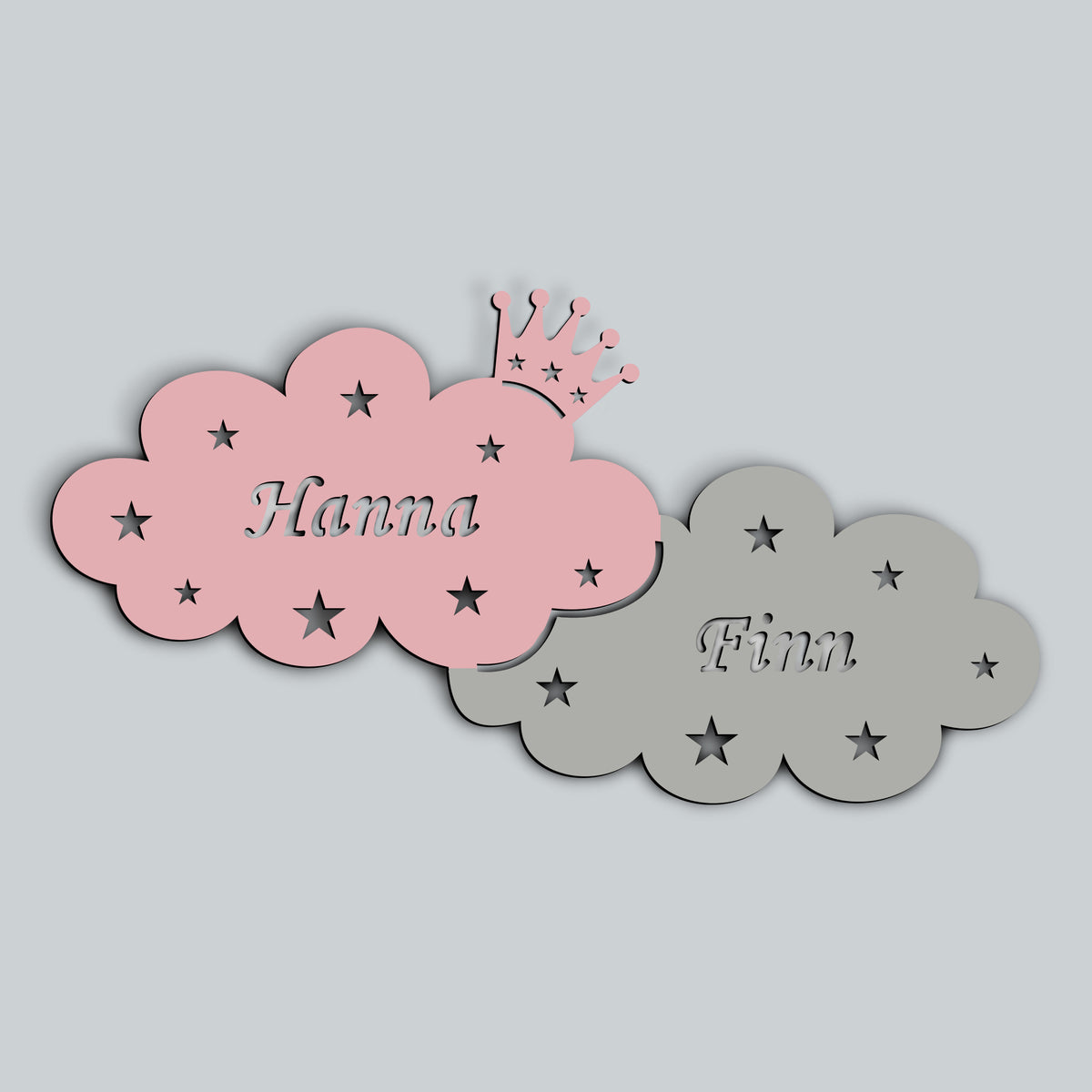 Personalisierbares Nachtlicht „Zwei Wolken mit einer Krone“ für Kinderzimmer Zweifarbig 70 cm