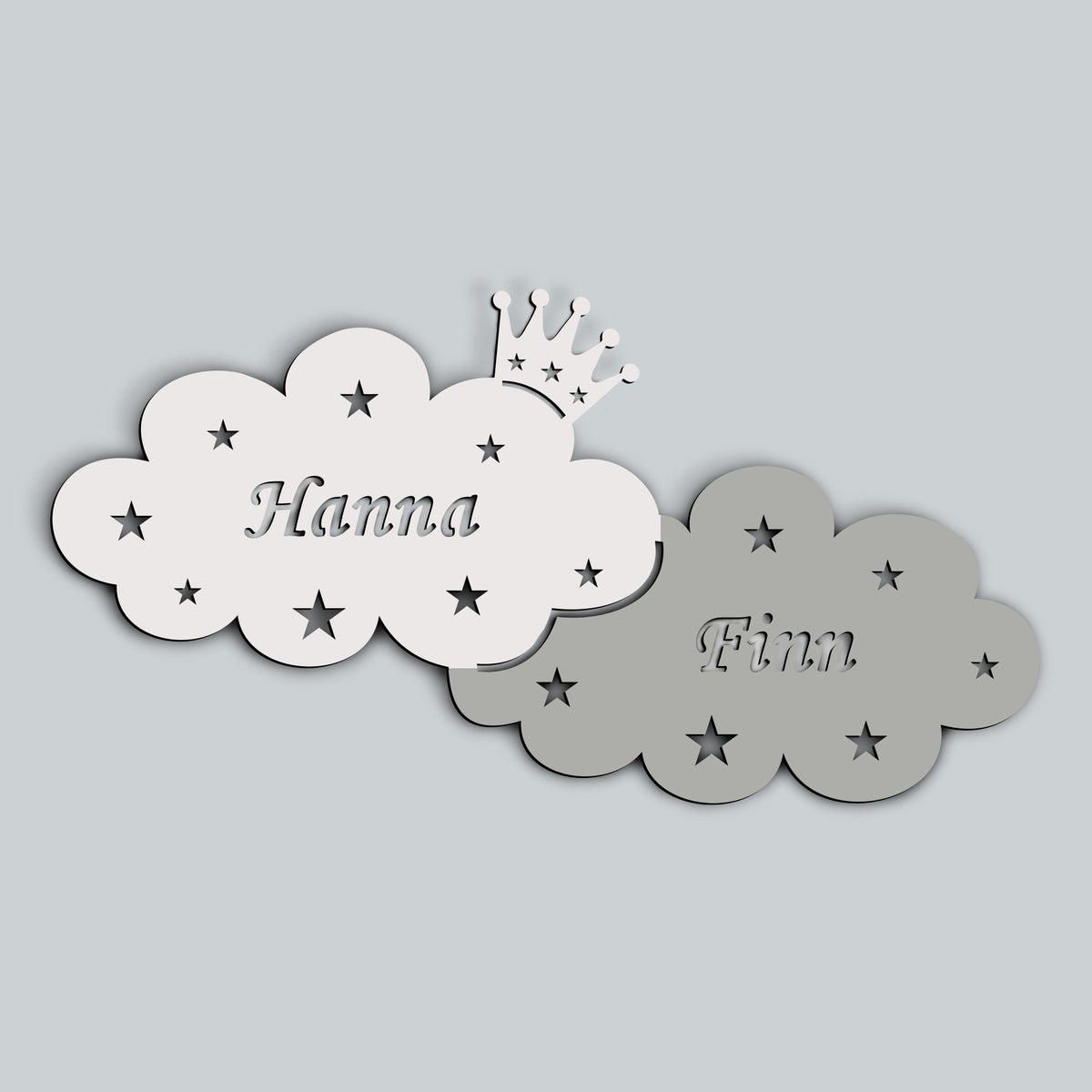Personalisierbares Nachtlicht „Zwei Wolken mit einer Krone“ für Kinderzimmer Zweifarbig 70 cm